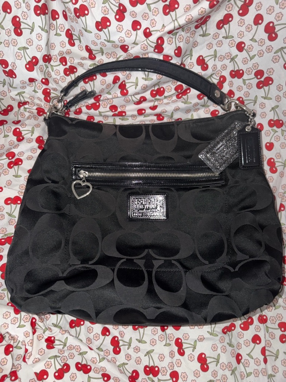 Coach Poppy Glam Black Signature Jacquard Hobo with Heart Zip Charm